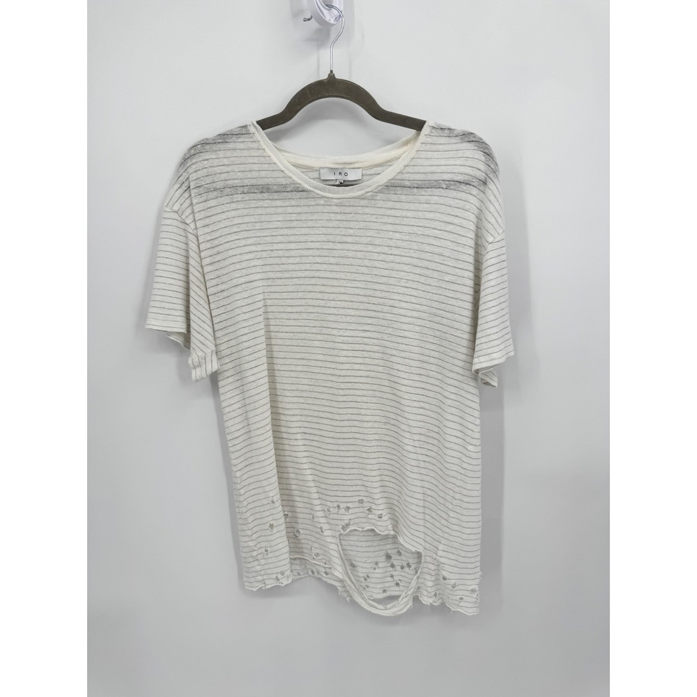 IRO Khaliad Tee Women M White Silver Metallic Striped Distressed Linen Blend